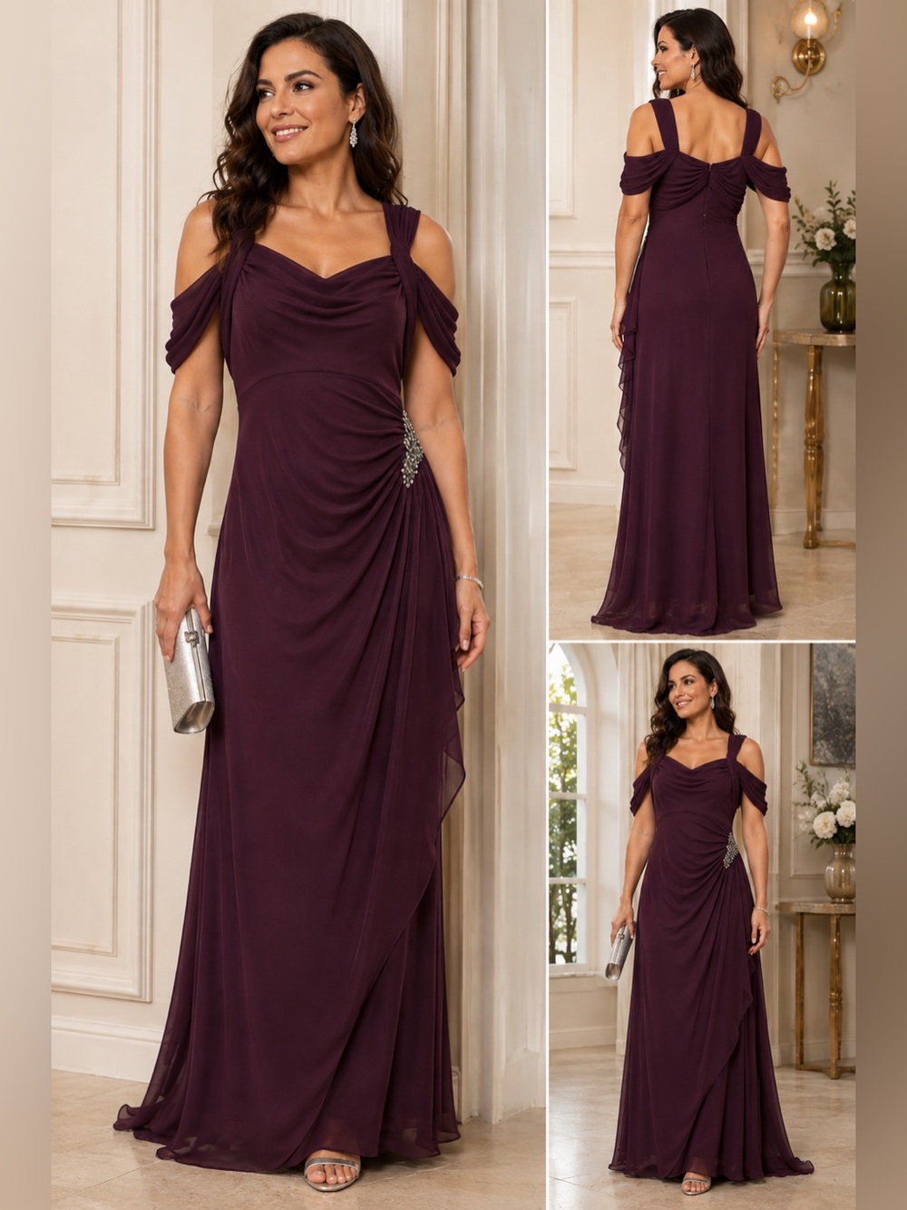 Alex Evenings Size 12 Wine Plum Beaded Ruched Draped Formal Evening Gown